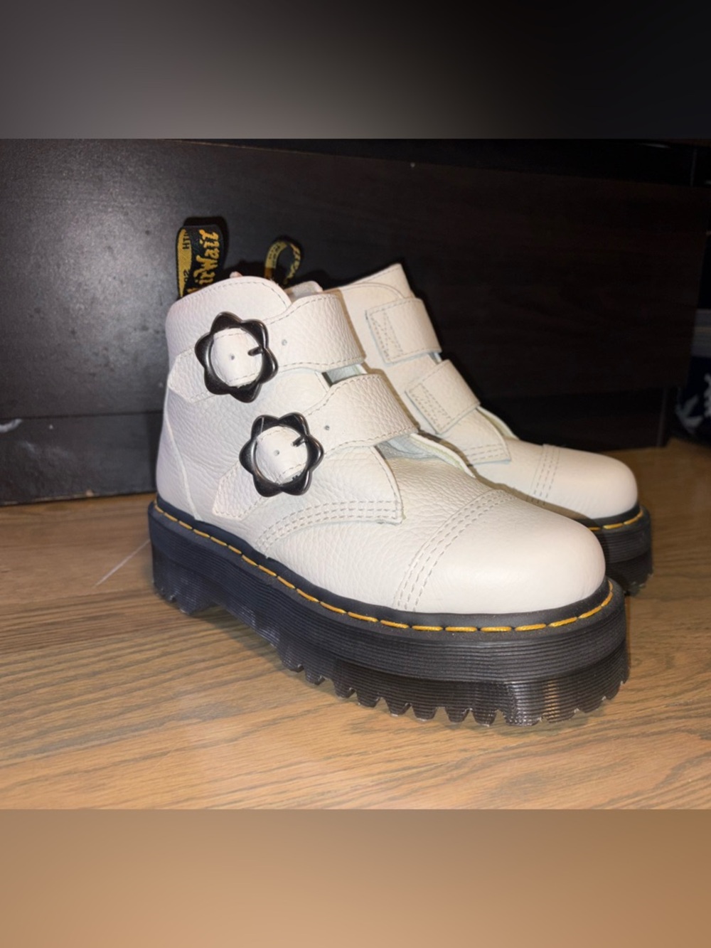 Dr. Martens White Leather Platform Boots with Flower Buckles